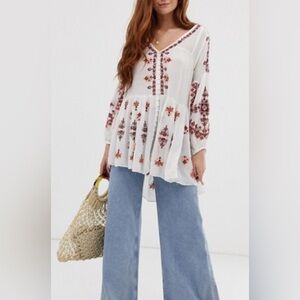 Free People Ariana White Mini Peasant Boho Dress Tunic Top Embroidered Size S
